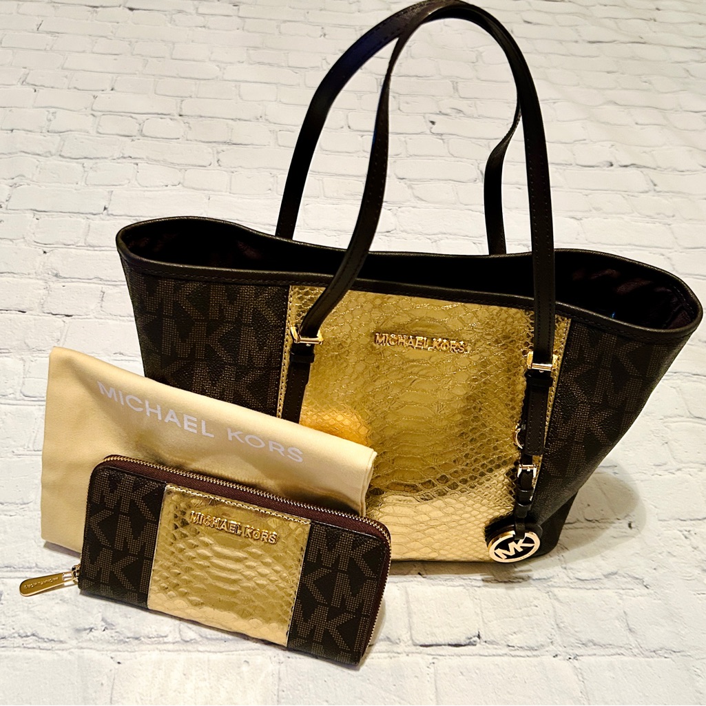 Michael Kors Tote, Wallet & Dust Bag Set - Gold Snakeskin & Mk Logo Monogram Euc